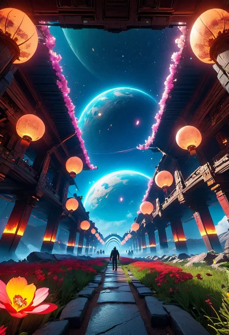 4D render, blender, landscape, Ancient,apocalypse, perfect world, ARK game style, cyberpunk 2077, unreal engine 5 graphics style, spaceship, outdoors, icon, floating in the air, outer space planet, sky gate,dinheirosaurus, human, bulding night, meteor aurora , flower, top-down view, firefly -ar 9:16, high saturation, high contract, fire effcect, bigbang, top-down view