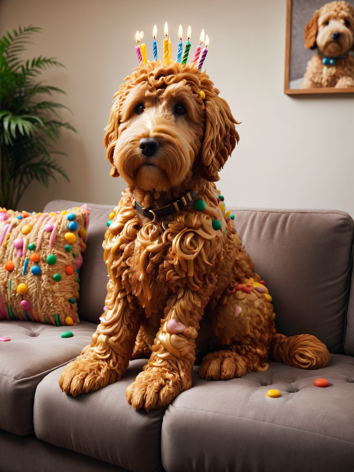 ais-bday dark brown golden doodle, sat on the sofa looking confused <lora:Birthday_Style_SDXL:1>