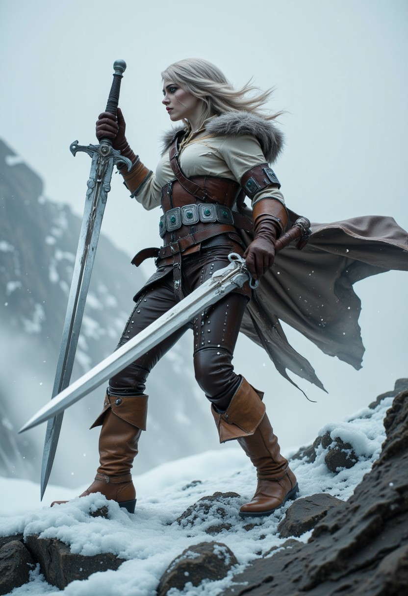 high-resolution photograph of CiriW, a female warrior with long, flowing platinum blonde hair, in a medieval fantasy setting. She is dressed in leather armor with brown, tan, and white hues, wielding a long, gleaming sword. Her outfit includes a fur-lined cape, brown gloves, and knee-high leather boots. CiriW stands confidently on a rocky, icy terrain, with mist and jagged rocks in the background, suggesting a cold, harsh environment. The image captures her poised, ready for battle, with a determined expression.