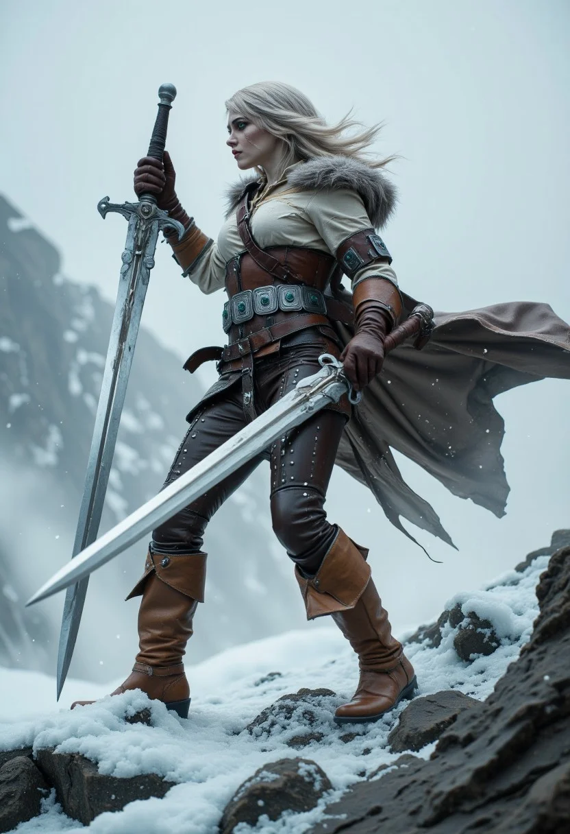 high-resolution photograph of CiriW, a female warrior with long, flowing platinum blonde hair, in a medieval fantasy setting. She is dressed in leather armor with brown, tan, and white hues, wielding a long, gleaming sword. Her outfit includes a fur-lined cape, brown gloves, and knee-high leather boots. CiriW stands confidently on a rocky, icy terrain, with mist and jagged rocks in the background, suggesting a cold, harsh environment. The image captures her poised, ready for battle, with a determined expression.
