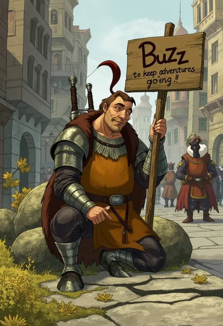 dragon hunters, a shabby medieval adventurer with armor, sword on the back, sitting on the roadside, holding a sign that read "Buzz to keep adventures going!"