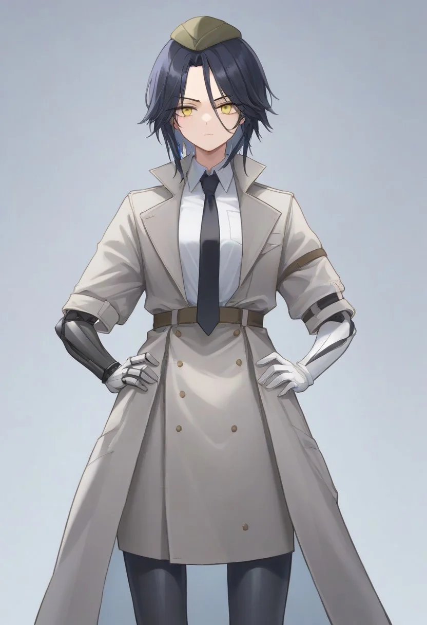 score_9, score_8_up, score_7_up, source_anime, BREAK, standing, contrapposto, hands on hips, black hair, yellow eyes, (single mechanical arm), hat, black necktie, white shirt, grey coat, skirt, white gloves
