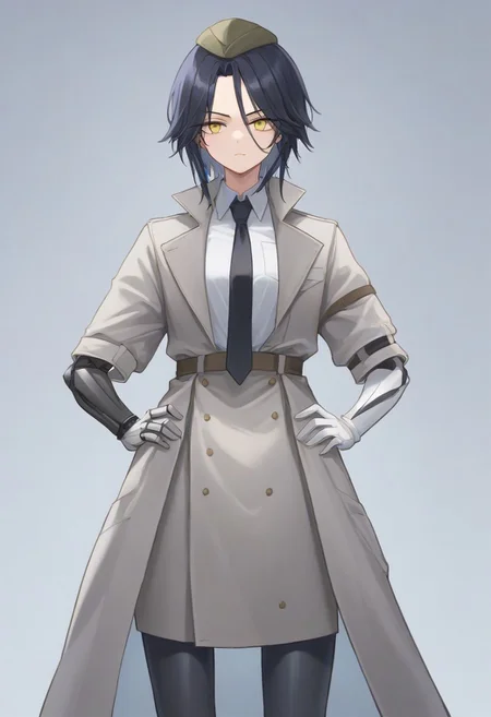 score_9, score_8_up, score_7_up, source_anime, BREAK, standing, contrapposto, hands on hips, black hair, yellow eyes, (single mechanical arm), hat, black necktie, white shirt, grey coat, skirt, white gloves