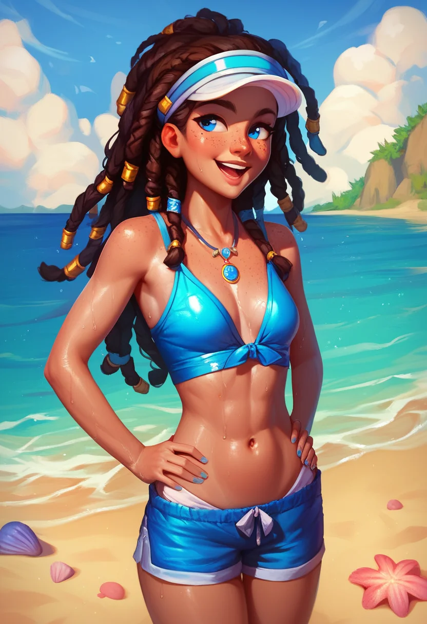 score_9, score_8_up, score_7_up, score_9, score_8_up, score_7_up, casual game art style, casual game art, mobile game art, merge 3 game art, character design, 1girl, solo, wet body, long hair, brown hair, dreadlocks, freckles, blue eyes, navel, smile, open mouth, small breasts, necklace with seashell, midriff, white visor cap, blue shorts, blue swimsuit, hands on hips, cowboy shot, looking to the side, beach, sunny
