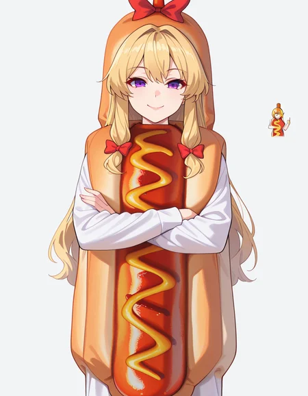 masterpiece, best quality, amazing quality,, <lora:yukari-yakumo-illustriousxl-lora-nochekaiser:1>, yukari yakumo, purple eyes, blonde hair, sidelocks, long hair, hair bow, bangs, multiple hair bows, mature female, breasts,, <lora:hotdog-costume-illustriousxl-lora-nochekaiser:1>, hotdog costume, food, hot dog, looking at viewer, long sleeves, cowboy shot, ketchup, oversized food, costume, smile, thumbs up, hands up,, <lora:kung-fu-illustriousxl-lora-nochekaiser:1>, kung fu, martial arts, training, fighting stance, cowboy shot, crossed arms, ,