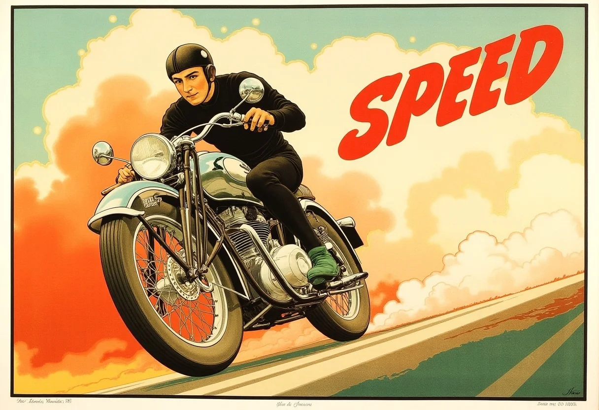 Vintage motorcycle racing down an open road, poster with the text “SPEED”, visual flourishes of dust clouds and motion lines, illustration in the style of ARTNV