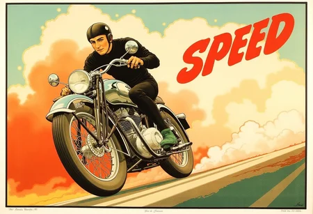 Vintage motorcycle racing down an open road, poster with the text “SPEED”, visual flourishes of dust clouds and motion lines, illustration in the style of ARTNV