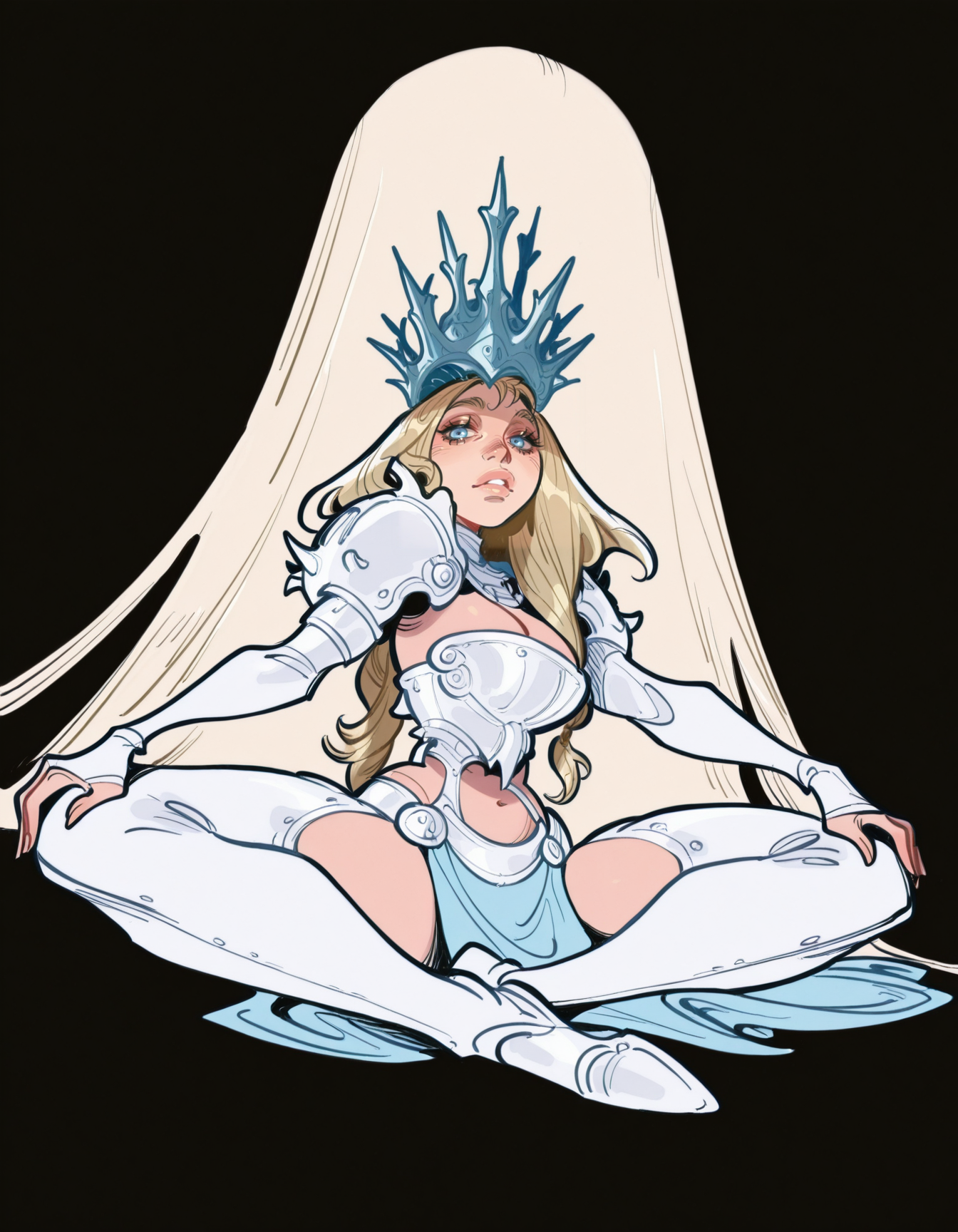 <lora:jadethaprincessIL:0.8>, jad3thapr1nc3ss, 1girl, blonde hair, long hair, lips, blue eyes,
white armor, revealing armor,
sitting, spread legs, hands on own knees, looking at viewer,
black background, simple background,
solo,
from below, from side, dutch angle, full body,
, <lora:AlessandroBarbucciILV1:1>, masterpiece, best quality, amazing quality,, flat colors