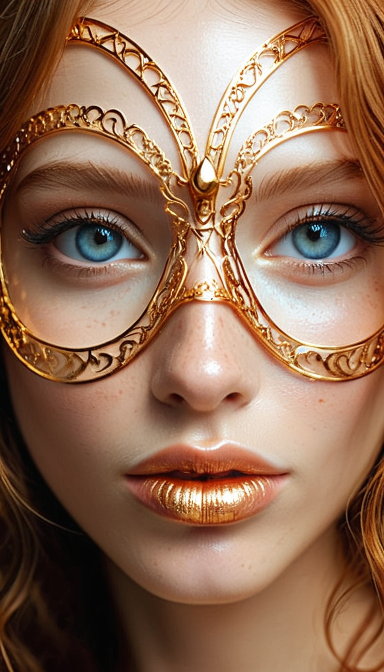 Close-up gorgeous girl face , cute, bang, freckles, striking large eyes, aligned eyes, mirror eyes, (half smile),
BREAK,
(wearing transparent Venetian Mask with intricate very detailed gold filigree), (thin detailed gold filigree), curly ginger hair, braid,
long lashes, trendy portrait,
tender Aesthetic nose, Aesthetic chin, ears, puffy lips, sensual lips, detailed texture, detailed eyes, detailed skin, clean skin,
<lora:Someplastic:1>, (ultra sharp focus:1.8), (detailed skin:1.8), (thin lines:1.8), (best quality:1.8),
<lora:Apparatus_-_Traction_City_Walkers_Vehicles:0.7>,
<lora:add-detail-xl:1> (ultra sharp focus:1.8), (detailed skin:1.8), (thin lines:1.8), (best quality:1.8),
<lora:glowneon_xl_v1:0.8>