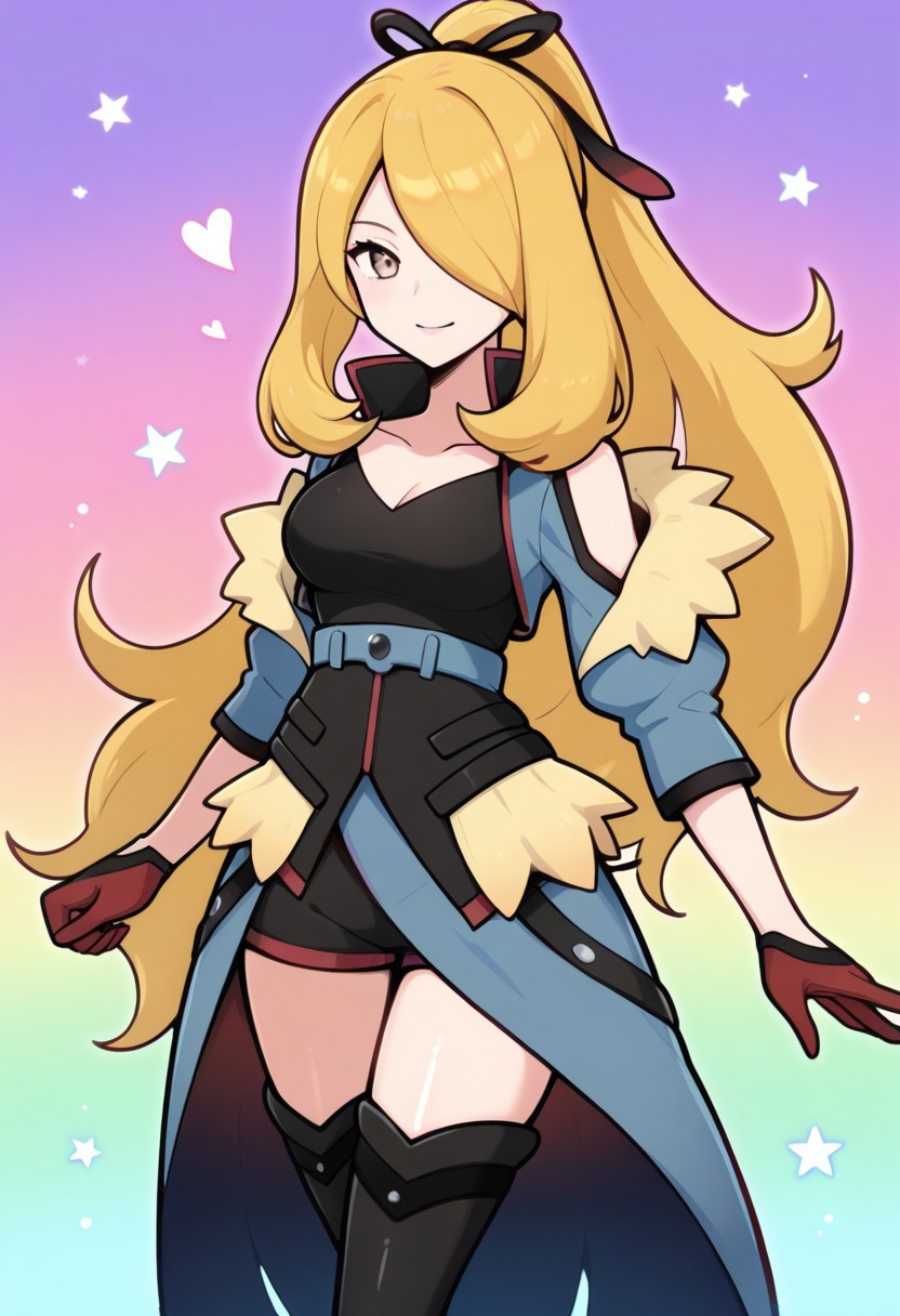 2d, masterpiece, best quality, amazing quality, 1girl, solo, close-up, standing, smile, upper body, cowboy shot, looking at viewer, simple background, colorful background, hearts, stars, auracynthia, def colors, grey eyes, blonde hair, very long hair, ponytail, black hair ribbon, hair over one eye, collarbone, blue jacket, shoulder cutout, red gloves, black shirt, blue belt, black shorts, showgirl skirt, blue skirt, red lining, thigh boots, high heels boots, black footwear