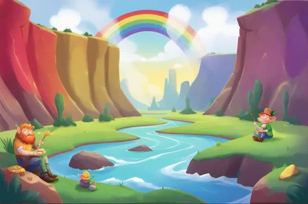 background plate, Rainbow Canyon: Multicolored rocks, sparkling river, friendly leprechauns, hidden rainbows, pot of gold., v3rd, flatee, <lora:BACKTOON_0.1_RC:0.6>