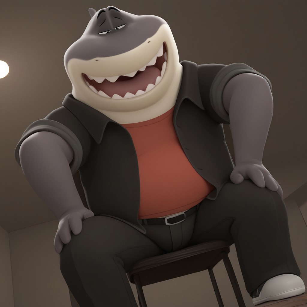 Masterpiece, High quality, amazing quality, Mr_shark, anthro, fat, sitting on a chair, open mouth, smile, Sharp teeth, half closed eyes, sexy, 3d, (solo), from below, belly