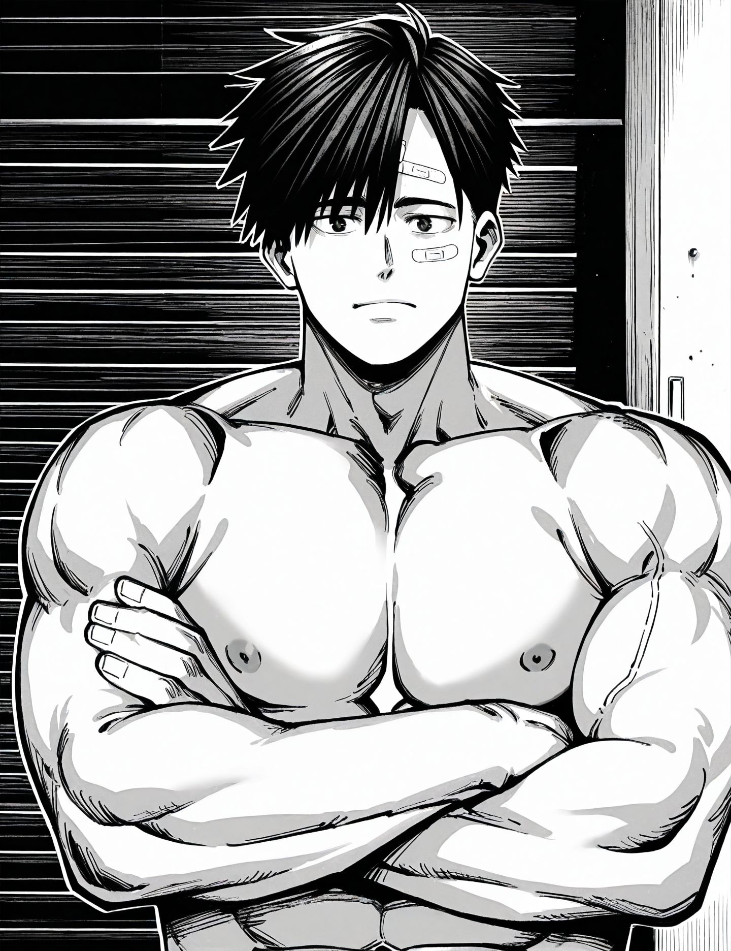 <lora:add-detail-xl:0.5>,masterpiecebest quality,anime coloring,anime screenshot,
<lora:bouryokubannzai:1>bouryokubannzaiV1,
greyscale,monochrome,
1boy,
male focus,
solo,
crossed arms,
bandaid,
muscular
upper body,
bandaid on face,
b_subaru,