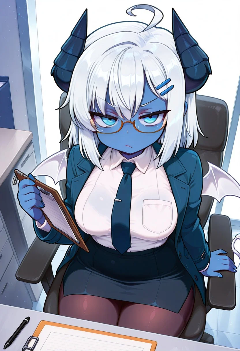 masterpiece, best quality, amazing quality, high detail, detailed face, detailed eyes, mnyastyle, 1girl ((darkla_cnr, demon girl, bored expression, slightly annoyed, demon horns, demon tail, white wings, demon wings, dark blue skin, white hair, medium hair, hairclip, ahoge, blue eyes, medium breasts, voluptuous, work outfit, office skirt, tie, white undershirt, coat, pantyhose, lowered glasses)), office, office chair, detailed background, solo, sitting in chair, holding clipboard, holding pen, tax forms, looking at viewer, tax collector, angled view