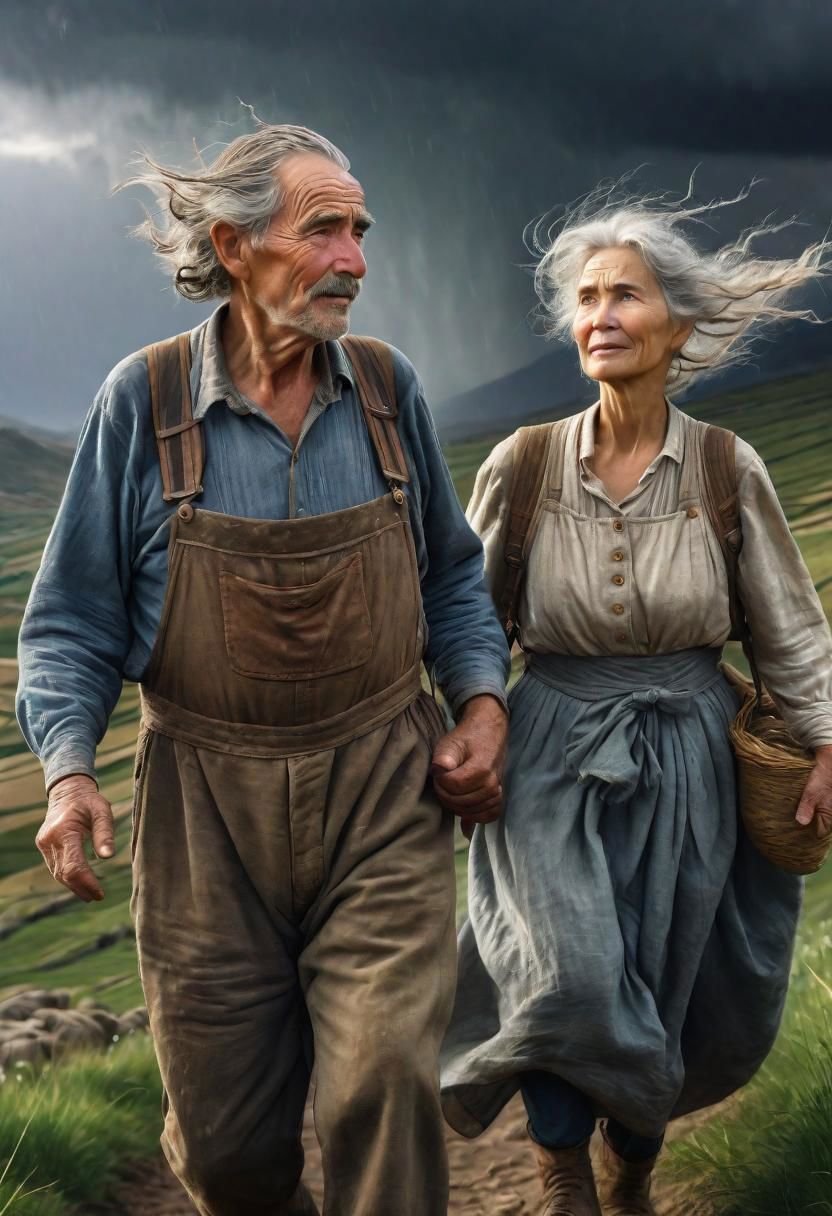 Masterpiece, closeup, hd, 8K, Fantasy art, award winning drawing of a old male farmer and a old female farmer in a windy landscape helping each other walking, rugged clothes romantic, storm in background, back view, intricate details, Fantastical realism, fandist