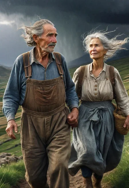 Masterpiece, closeup, hd, 8K, Fantasy art, award winning drawing of a old male farmer and a old female farmer in a windy landscape helping each other walking, rugged clothes romantic, storm in background, back view, intricate details, Fantastical realism, fandist