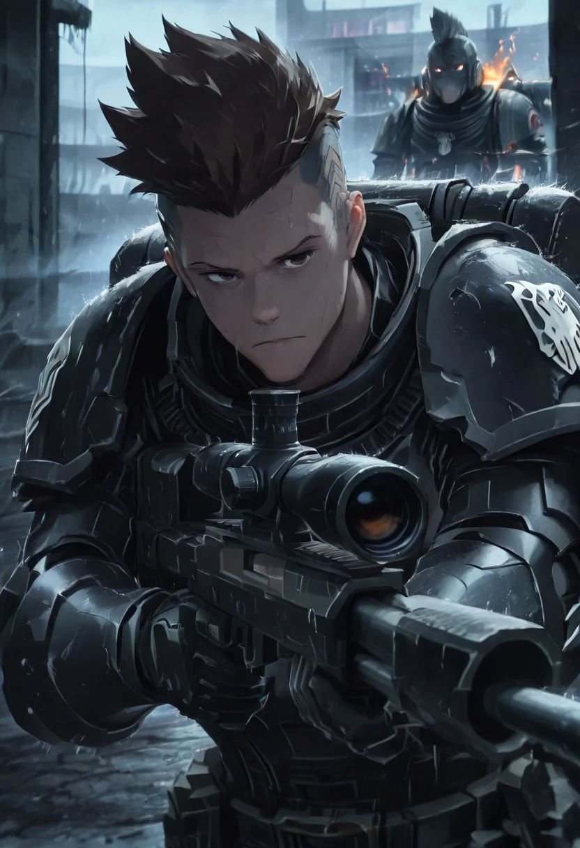 masterpiece, best quality, high quality, newest, highres,8K,HDR,absurdres, dynamic angle, realistic, wearing edgRG_(power armor), pauldrons, raven emblem, solo, 1boy, David Martinez, brown hair, mohawk, undercut, brown eyes, perfect eyes, pretty face, holding a sniper, broken window, silhouette, creepy, backlit, haunted, storm, fog, mist, cold, blue fog, fire, explotion, dutch angle, dark outside, solo, close up, mid shot, dutch angle, half body portrait, <lora:edgIllustriousXL_Raven_Guard:1>
