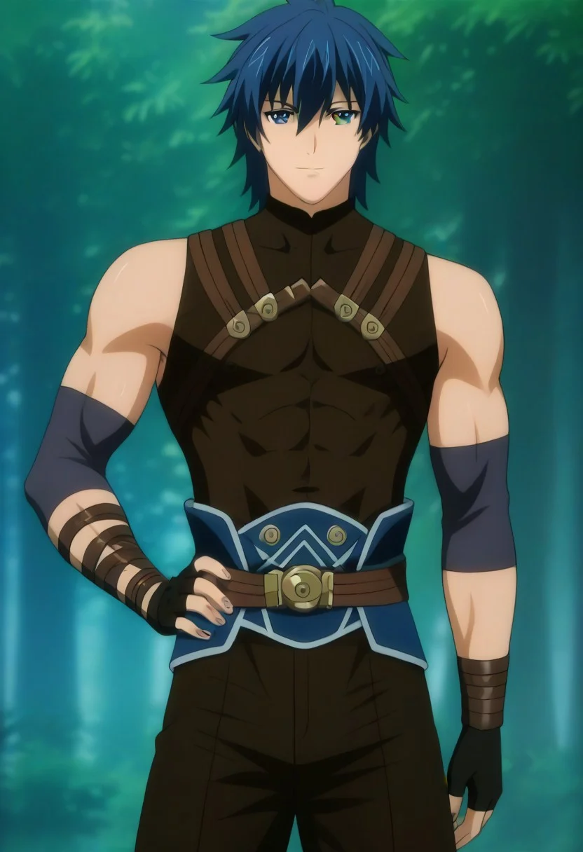 ((masterpiece)), ((best quality)), ((ultra-detailed)), ((absurdres)), score_9_up, score_8_up, score_7_up,
HD, top quality, best quality, amazing quality, High-quality illustrations, anime screencap, source_anime, best aesthetic, perfect proportions, perfect eyes, 1boy, 1male, solo boy, solo male, male focus, solo male focus, Anime, boy, male anime character, anime boy, handsome, sexy, cute, charming, ((tall body, tall height)), ((lean body, slim body, toned body)), Akatsuki Ousawa, blue hair, blue eyes, brown shirt, sleeveless, elbow pads, arm straps, fingerless gloves, brown pants, multiple thigh straps, ((cowboy shot, head to hips)), ((forest, trees)), easynegative, updn, Expressiveh, masterpiece, best quality, very aesthetic, absurdres
