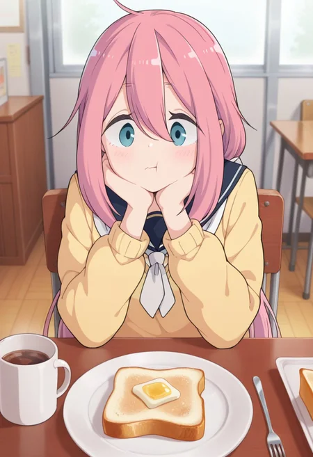 masterpiece,best quality,amazing quality, kagamihara nadeshiko, pink hair, long hair, blue eyes, 1girl, school uniform, solo, motosu school uniform, food, table, fork, mug, sailor collar, cup, indoors, sitting, toast, chair
