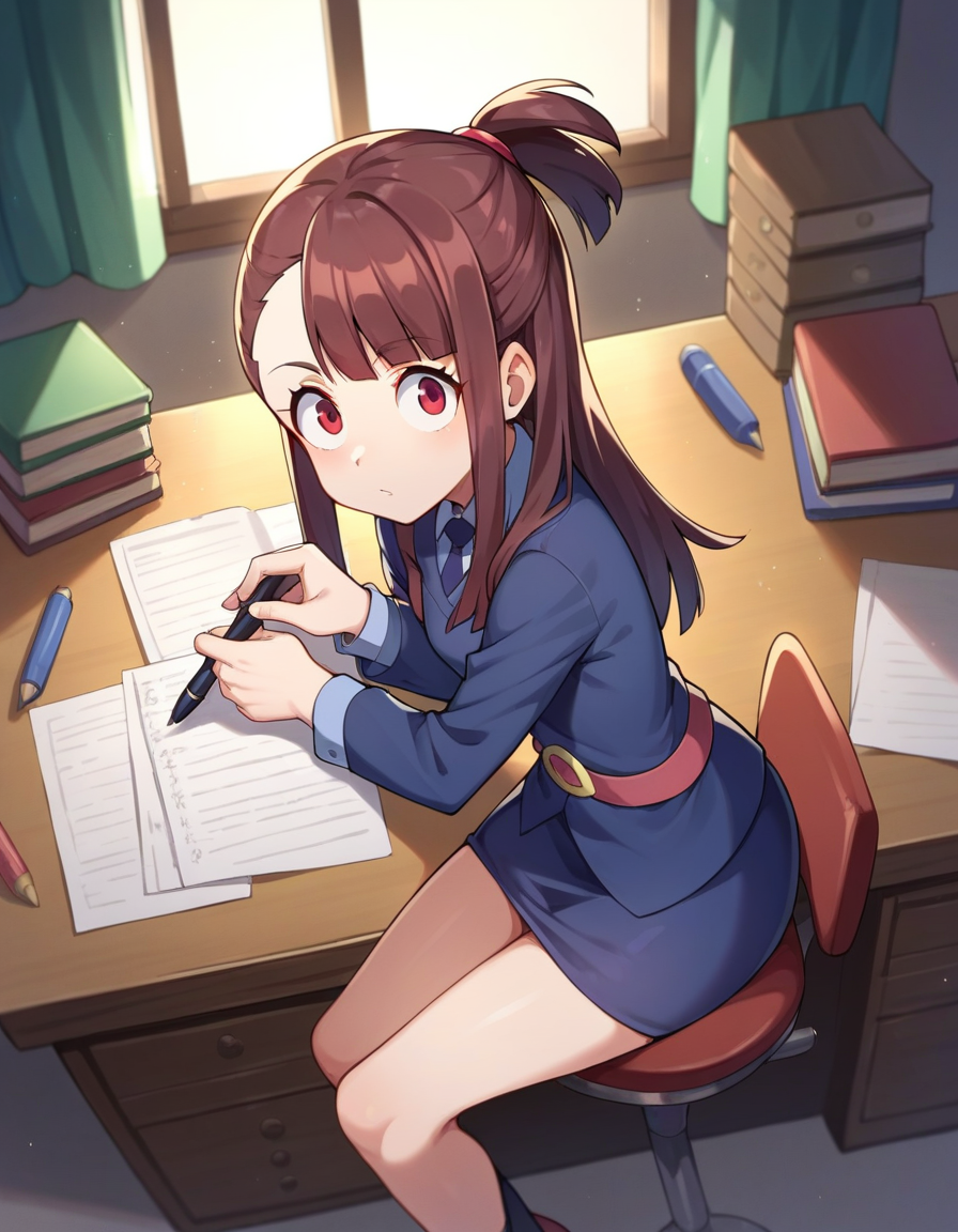 score_9, score_8_up, score_7_up,  BREAK ,   1girl,  solo, sitting, desk,  writing, from side,  holding pen,  from above,  
kagari_atsuko, red eyes, little witch academia,