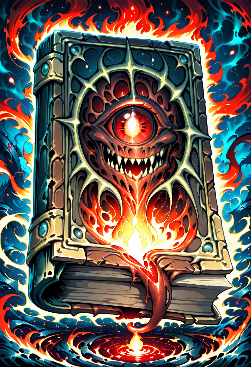 masterpiece, best quality, no humans,   CitronsGrimoires, cursed book, evil, eldritch, tentacles, black leather cover, writhing tendrils, suction cups, sharp teeth, glowing red eyes, demonic aura, corrupted magic, ancient tome, gothic symbols, sinister grin, solo object, floating book, dark mist, shadowy environment, flickering candlelight, cinematic horror lighting â Suspended in a shroud of whispering shadows, the cursed grimoire pulses with malevolent life. Tentacles unfurl from its cracked spine, each lined with glistening suction cups and twitching with hunger. Its black leather cover flexes like breathing skin, and between its warped pages gleam jagged, fang-like teeth, dripping with ethereal ink. A single blood-red eye stares from its center, unblinking and aware. The air around it twists with corrupted energy, symbols crawling across the floor like living shadowsâthis is a book that doesnât want to be read. It wants to consume.  ,<lora:CitronsGrimoiresIXL:1.0>,