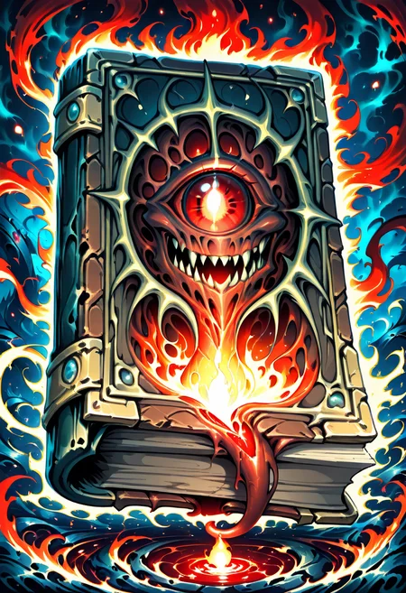 masterpiece, best quality, no humans, CitronsGrimoires, cursed book, evil, eldritch, tentacles, black leather cover, writhing tendrils, suction cups, sharp teeth, glowing red eyes, demonic aura, corrupted magic, ancient tome, gothic symbols, sinister grin, solo object, floating book, dark mist, shadowy environment, flickering candlelight, cinematic horror lighting â Suspended in a shroud of whispering shadows, the cursed grimoire pulses with malevolent life. Tentacles unfurl from its cracked spine, each lined with glistening suction cups and twitching with hunger. Its black leather cover flexes like breathing skin, and between its warped pages gleam jagged, fang-like teeth, dripping with ethereal ink. A single blood-red eye stares from its center, unblinking and aware. The air around it twists with corrupted energy, symbols crawling across the floor like living shadowsâthis is a book that doesnât want to be read. It wants to consume. ,<lora:CitronsGrimoiresIXL:1.0>,