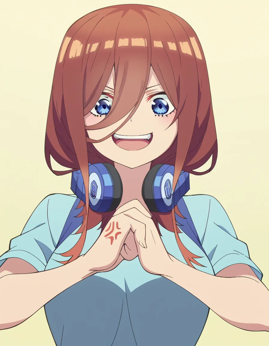 score_9, score_8_up, score_7_up, source_anime, <lora:miku-nakano-s2-ponyxl-lora-nochekaiser:1>, miku nakano, long hair, bangs, blue eyes, brown hair, hair between eyes, headphones, headphones around neck, large breasts, anime screencap, <lora:cracking-knuckles-ponyxl-lora-nochekaiser:1>, cracking knuckles, shaded face, open mouth, looking at viewer, looking down, fist in hand, own hands together, anger vein, false smile, ,