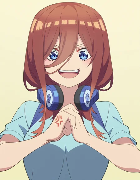 score_9, score_8_up, score_7_up, source_anime, <lora:miku-nakano-s2-ponyxl-lora-nochekaiser:1>, miku nakano, long hair, bangs, blue eyes, brown hair, hair between eyes, headphones, headphones around neck, large breasts, anime screencap, <lora:cracking-knuckles-ponyxl-lora-nochekaiser:1>, cracking knuckles, shaded face, open mouth, looking at viewer, looking down, fist in hand, own hands together, anger vein, false smile, ,