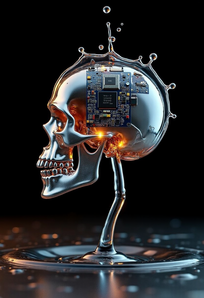 In the shape and style of a yfg-dr0p water drop splash photo of a , High-contrast digital 3D render of a human skull partially transformed into a circuit board, intricate electronic components embedded in the bone, glowing microchips, and a dark, minimalist background highlighting the metallic and organic textures.