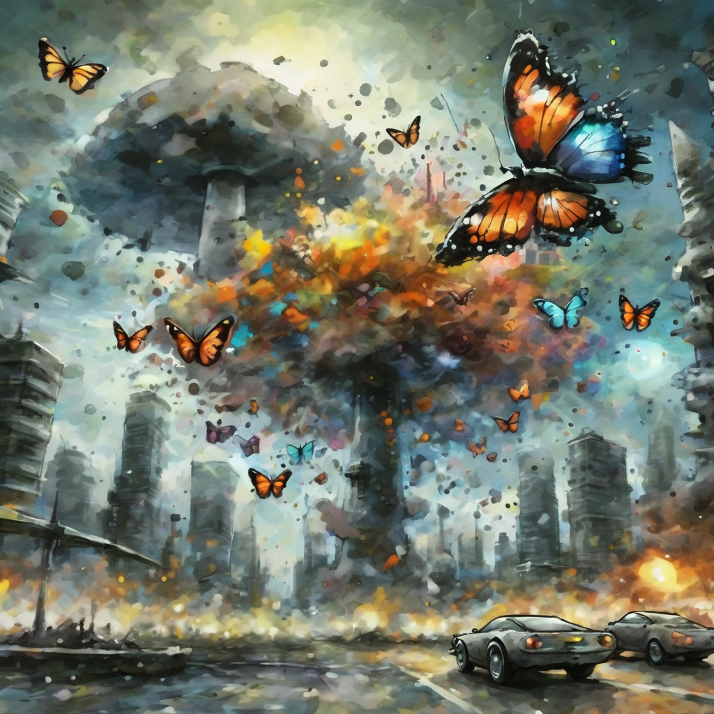 artmix04 flying colorful butterflies in the background of futuristic city explosion and nuclear mushroom, dark, very detailed<lora:artmix04:1>