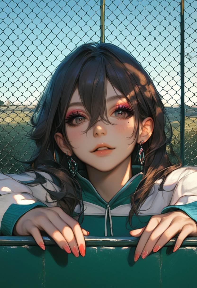 Score_9, score_8_up, score_7_up, score_6_up, score_5_up, score_4_up,1girl, casual outdoor style, sporty casual look, (thumb hole sleeves:1.3), wearing thumbhole cuff, beautiful face, detailed anatomy, cinematic lighting, anime, beautiful girl, solo_focus, source_anime, (thumb hole cuff:1.1), cloudy sky, long sleeves, dynamic angle, runner sport outfit, fence, view through the fence  looking at viewer, through fence, focus on fence, big long fence, from front, cinematic scene, CLOSE-UP on FACE. Her eyes dart around nervously. The camera slowly PUSHES IN as she takes a deep breath, she behind the fence, full lips, hair behind ear, hair between eyes, long eyelashes, eyeshadow, eyeliner, mole under mouth, slim body, petite body, cute, earrings, nail polish,