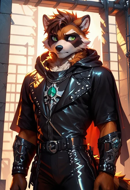 score_9, score_8_up, score_7_up,score_9, score_8_up, score_7_up, ((cowboy shot)), jail, standing, BREAK, ((High fantasy art style)), solo, male, anthro raccoon, black hooded cloak, (black leather breastplate), black leather greaves, black leather pauldrons, black leather boots, brown hair, ((detailed green eyes)), ((Masterpiece), (absurdres), (shadowy), (mysterious)(eyes looking away), (nervous), (scared)