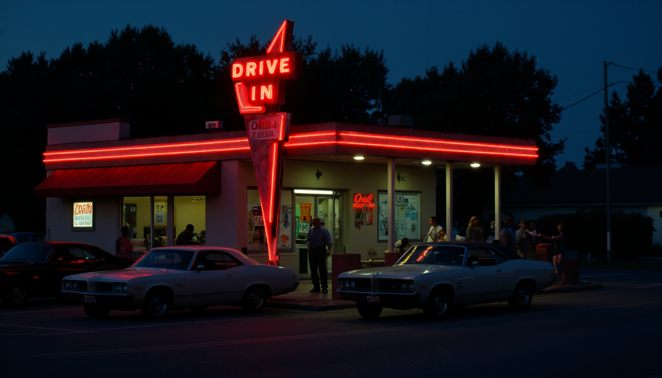 cinematic, A retro diner is illuminated with neon lights in the evening, featuring a classic drive-in style with cars parked under the bright awning. The surrounding area is calm, with a few people visible near the entrance, creating a nostalgic and vibrant atmosphere, film grain, Short telephoto focal length, shot on ALEXA 65