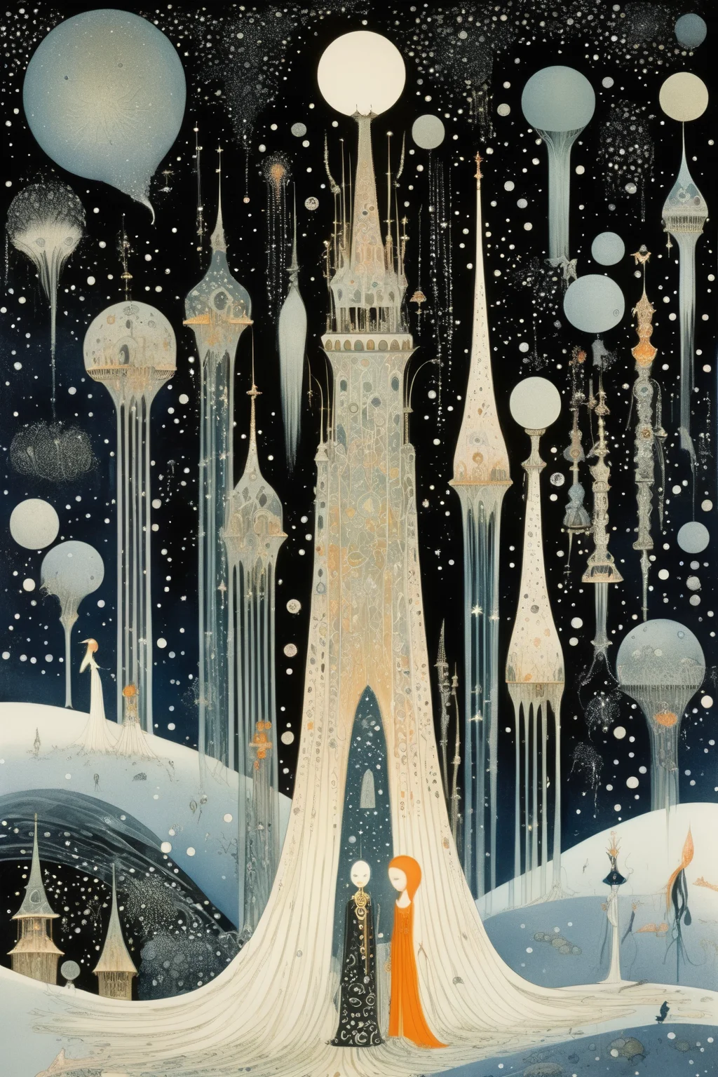 <lora:Kay Nielsen Style:1>Kay Nielsen Style - A giant 400 times the size of a human wandering a barren earth wearing a crown made of stars. Include smaller objects for contrast of size. In the style of Kay Nielsen.