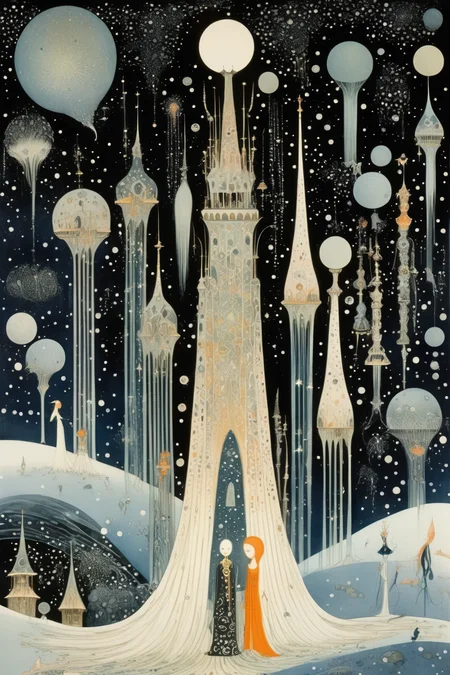 <lora:Kay Nielsen Style:1>Kay Nielsen Style - A giant 400 times the size of a human wandering a barren earth wearing a crown made of stars. Include smaller objects for contrast of size. In the style of Kay Nielsen.