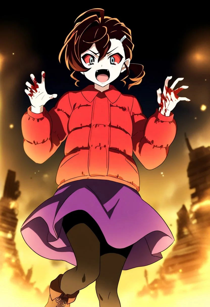 1girl,Inuyama Mana,GeGeGe no Kitarou,year 2019,(solo),post-apocalypse,cowboy shot,1 hair tie,(fangs:1.2),pale skin,screaming,Hiss pose,intense movement,(lavenderblush skirt:1.2),crimson (Down jacket:1.3),(Placket jacket:1.3),(red sclera:1.5),(blood on hands:1.5),(single hair intake:1.5),wavy hair,swept bangs and (hair pulled back:1.2),hair between eyes,(low ponytail),Ahoge,(Brown:1.5) medium hair,sideburns,Brown ankle boots,pantyhose,Brown ankle boots,1 silver hairpin,grey eyes,masterpiece, best quality, very aesthetic, absurdres
