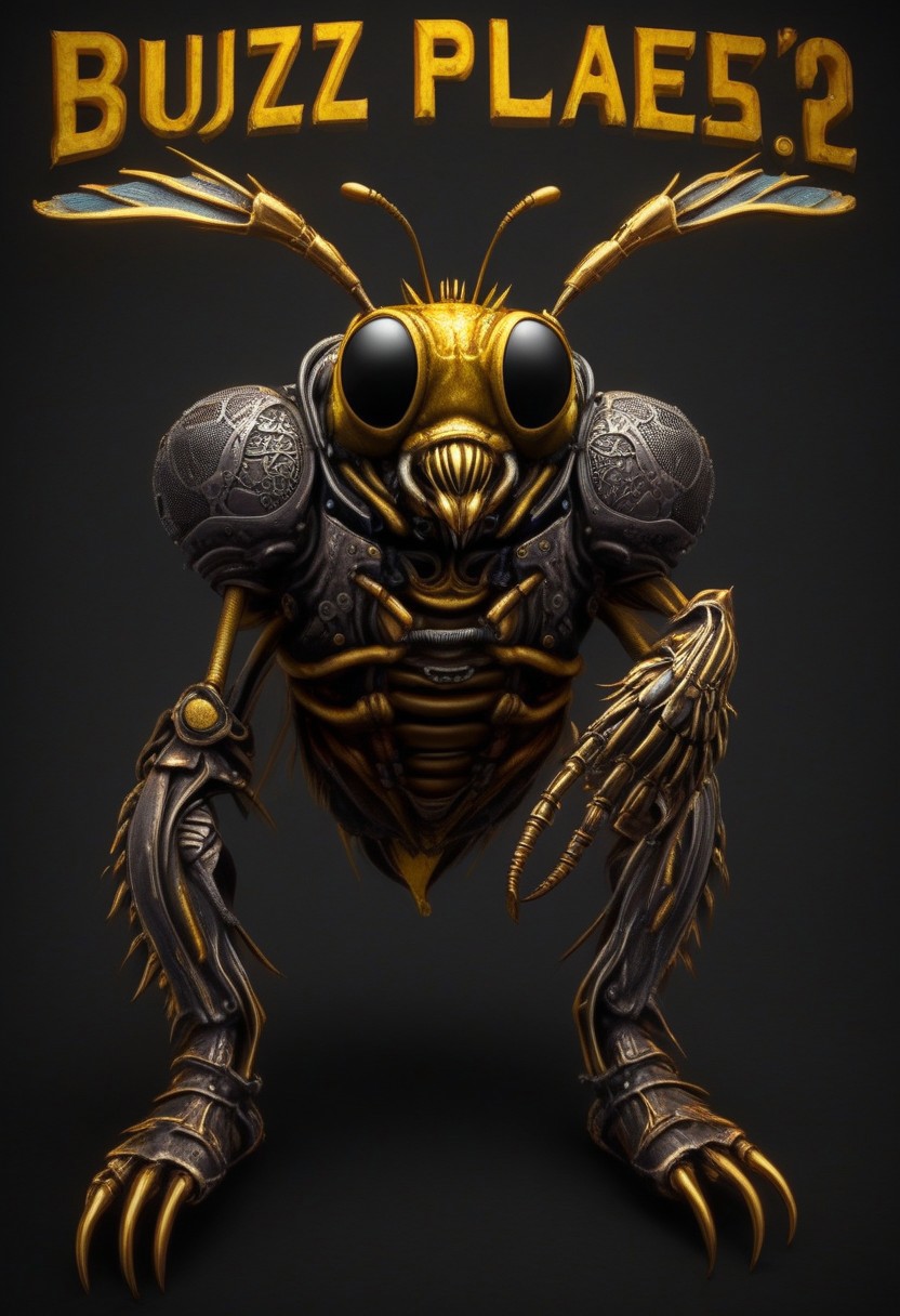 photorealistic image of a steampunk metal bee holding a sign which reads: "Buzz Please!"
insectoid, compound eyes, mantibles, beetle