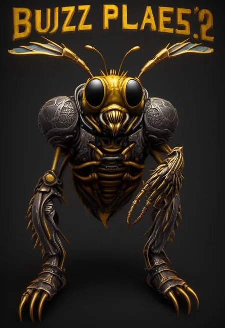 photorealistic image of a steampunk metal bee holding a sign which reads: "Buzz Please!"
insectoid, compound eyes, mantibles, beetle