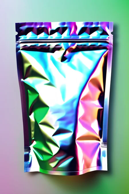 <lora:Made Of Iridescent Foil:1>Made Of Iridescent Foil - holographic ziplock aluminum white foil bag. Hd. Realistic. With green capsules inside