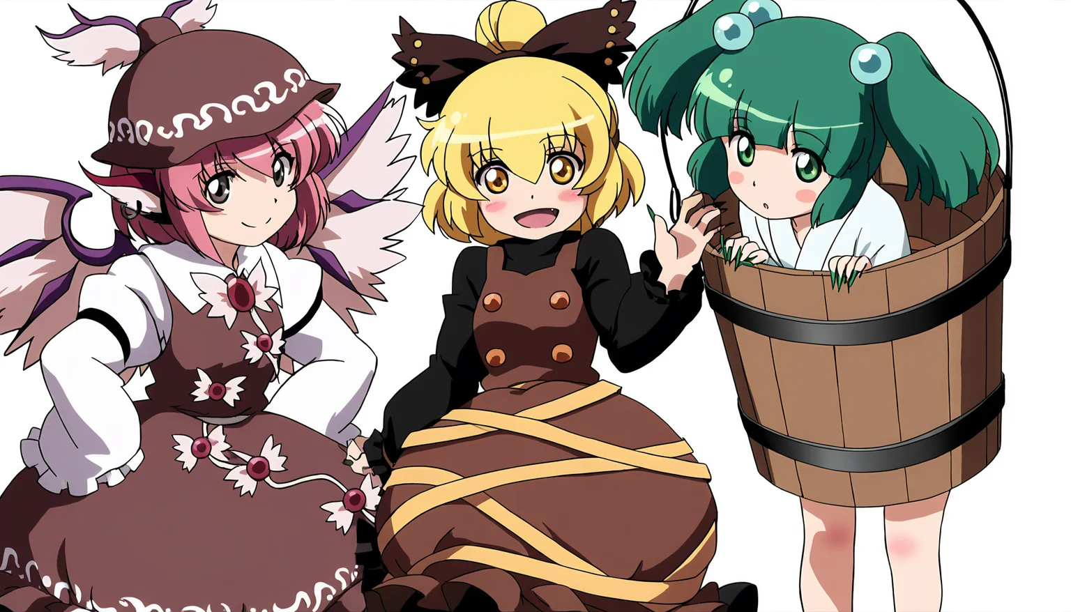 masterpiece,best quality,<lora:tgm-noob05:1>,anime coloring,
brown dress,mystia lorelei,multiple girls,green hair,pink hair,wings,blonde hair,dress,long sleeves,short hair,winged hat,3girls,bird wings,open mouth,kisume,smile,green eyes,single earring,kurodani yamame,earrings,animal ears,blush,bird ears,bucket,white wings,thighhighs,jewelry,brown headwear,twintails,sharp fingernails,kimono,frills,pink eyes,hair ornament,hair bobbles,japanese clothes,bow,fingernails,in container,wide sleeves,closed mouth,hat,yellow eyes,brown eyes,long fingernails,wooden bucket,hair bow,puffy sleeves,in bucket,frilled sleeves,feet out of frame,shirt,juliet sleeves,looking at viewer,hair between eyes,feathered wings,frilled dress,bangs,:d,nail polish,sash,white kimono,black bow,fang,ponytail,green nails,
