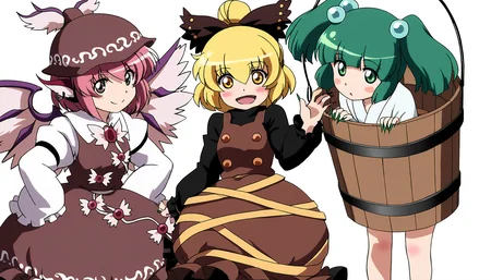 masterpiece,best quality,<lora:tgm-noob05:1>,anime coloring,
brown dress,mystia lorelei,multiple girls,green hair,pink hair,wings,blonde hair,dress,long sleeves,short hair,winged hat,3girls,bird wings,open mouth,kisume,smile,green eyes,single earring,kurodani yamame,earrings,animal ears,blush,bird ears,bucket,white wings,thighhighs,jewelry,brown headwear,twintails,sharp fingernails,kimono,frills,pink eyes,hair ornament,hair bobbles,japanese clothes,bow,fingernails,in container,wide sleeves,closed mouth,hat,yellow eyes,brown eyes,long fingernails,wooden bucket,hair bow,puffy sleeves,in bucket,frilled sleeves,feet out of frame,shirt,juliet sleeves,looking at viewer,hair between eyes,feathered wings,frilled dress,bangs,:d,nail polish,sash,white kimono,black bow,fang,ponytail,green nails,