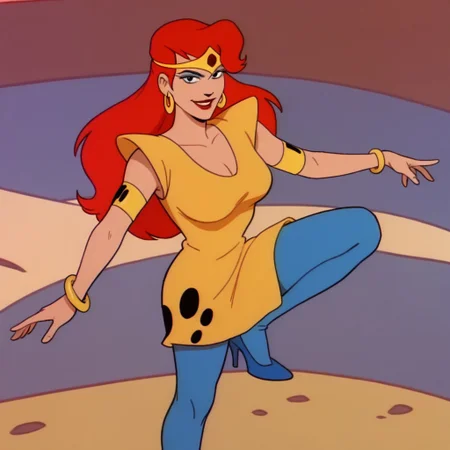 score_9, score_8_up, score_7_up BREAK KatellaS, 1girl, red hair, black eyes, blue eyeshadow, red lipstick, gold tiara with red gem, gold left wrist bracelet, gold right shoulder armband, yellow dress, blue tights, high-heels, smiling at viewer, galactic zoo background, full body,