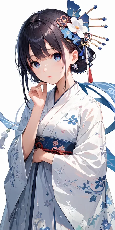 score_9, score_8_up, score_7_up,source_anime, high res image,masterpiece,best quality,girl,cute face,clear skin,shiny hair,ultra detailed eyes,simple background,
<lora:hanfu_Pony_V1.0:1> jyojifuku, hair ornament, floral print