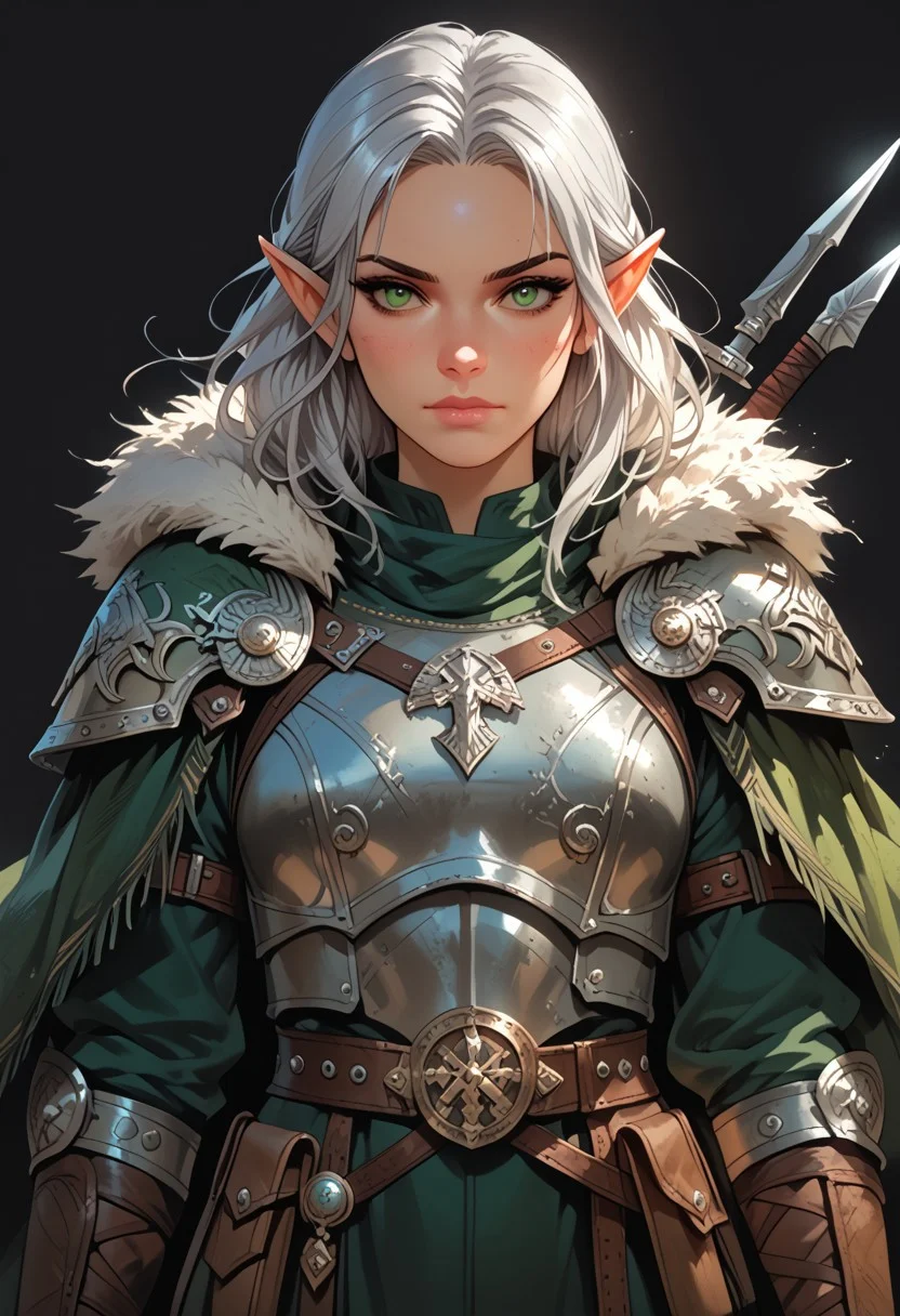 score_9, score_8_up, score_7_up, woman, simple background, black background, ranger, archer, green eyes, gorgeous, elf, fur outfit, (viking outfit), slavic outfit, pale skin, solo, (black and silver armour), elven ornaments, fur cloak, primeval jewelry, standing up straight, calm face, green eyes, silver hair, mature, closed mouth, cowboy shot
