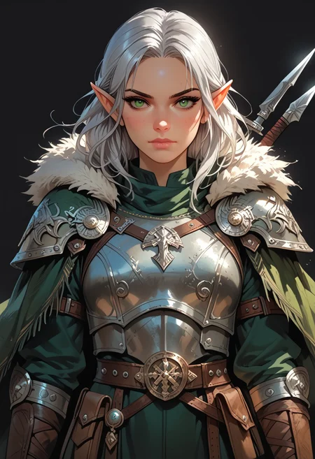 score_9, score_8_up, score_7_up, woman, simple background, black background, ranger, archer, green eyes, gorgeous, elf, fur outfit, (viking outfit), slavic outfit, pale skin, solo, (black and silver armour), elven ornaments, fur cloak, primeval jewelry, standing up straight, calm face, green eyes, silver hair, mature, closed mouth, cowboy shot