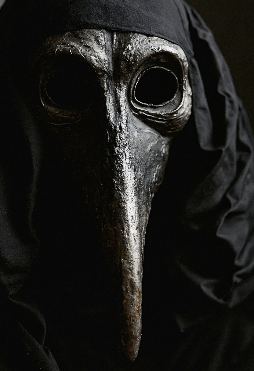 drk4rt photo, closeup of a plague doctor's mask made out of paper mache, long beak, glossy black paint, the image is very dark, analog film, grainy, macabre, fascinating photography, 35mm