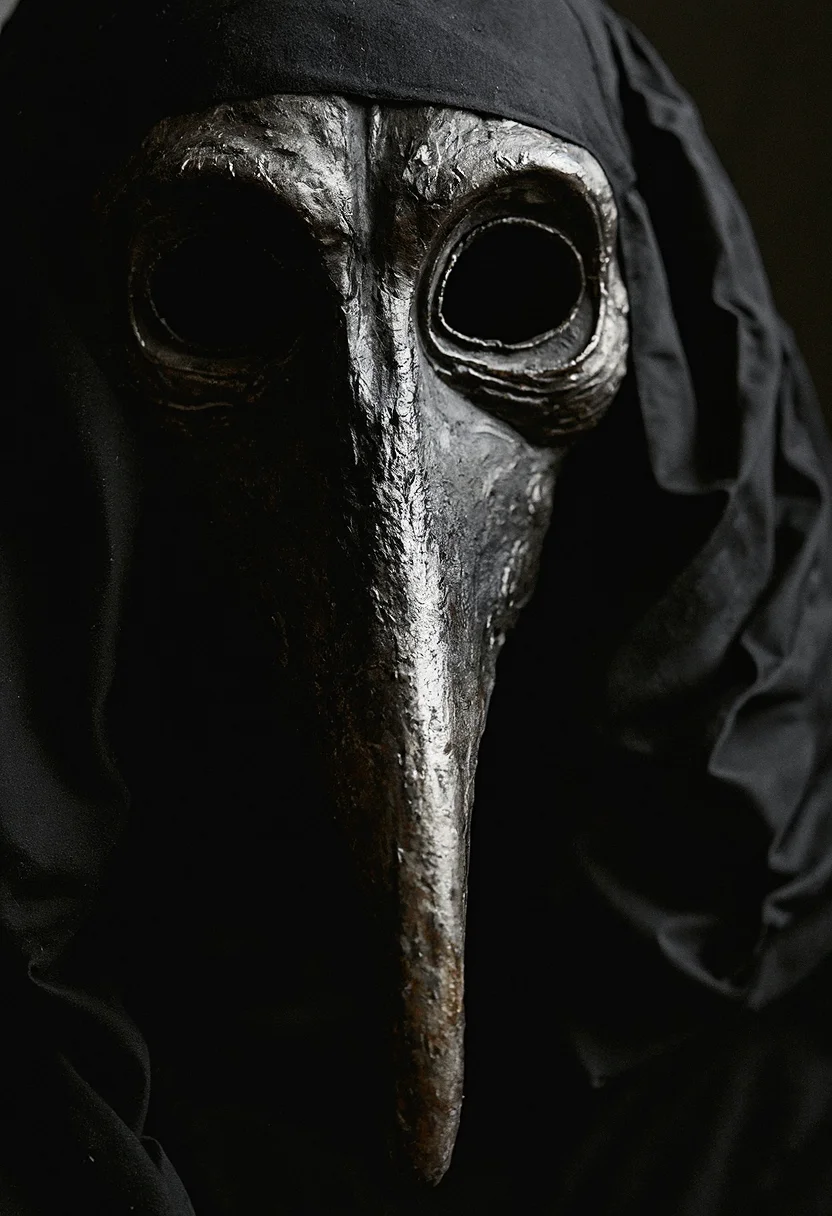 drk4rt photo, closeup of a plague doctor's mask made out of paper mache, long beak, glossy black paint, the image is very dark, analog film, grainy, macabre, fascinating photography, 35mm