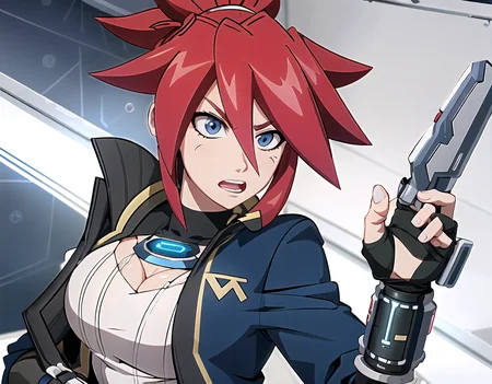 sfw_high_detail_character_art of a solo_angry_korsica_with_red_spiky_hair_style_and_blue_eyes_and_blue_hair_tie_and_(dual_wielding_metallic_tonfas:1.1)_is_looking_at_viewer_and_ready_to_fight, , hair between eyes, high_ponytail, battle_stance, irritation_spoken, (crimson_unbuttoned_coat:1.1), extremely_detailed_anime_8k_wallpaper, masterpiece, best_quality, (ultra-detailed), best_illustration, finely_detail, (medium_full_shot:1.1), perfect_fingers, insane_details, hyper_details, impossible_cinematic_composition, (ultra_detailed:1.2), (anime_sci-fi_complex_on_the_background:1.1), furious_face_expression, quick_zoom, motion_blur, action_vibes, last_stand_atmosphere, boss_fight, <lora:korsicaLora_korsicaV1:0.8>