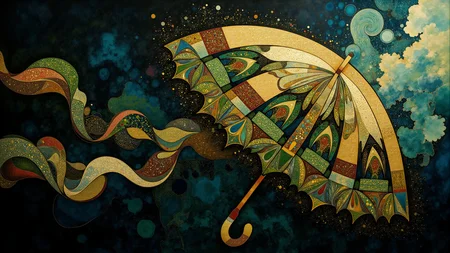Medieval themed artwork depicting black-toned nacreous parasol, punk, intricate white and green filigree, impossible, billowing dark dust, very detailed. The overall feel of the image is painterly. Additionally the image incorporates elements of mixed media including flowing lines drawn with fine pens and appliqued goldleaf. The general effect is of timeless fine art elegance. <lora:midjourney_whisper_chromaplex_v1:0.7> <lora:BookOfKells-Rapid:0.6> <lora:Paper_Marbling_Flux:0.6>