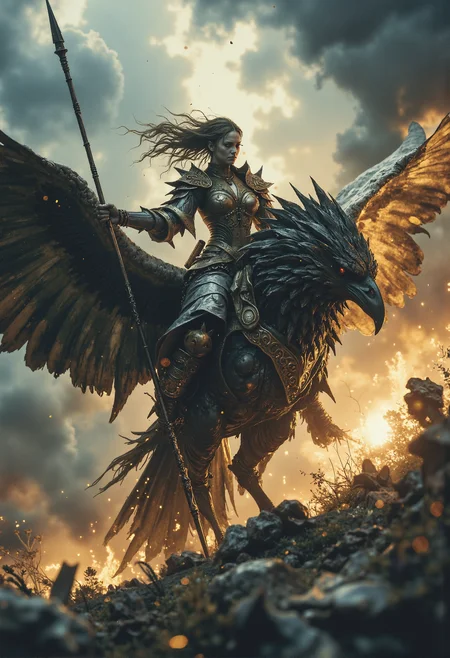 Warrior princess, riding a massive raven, wielding a fiery spear, wind blowing through her hair, stormy sky <lora:Elden_Ring_-_Yoshitaka_Amano.safetensors:1.0>, <lora:aiai-Glimra-Flux-Dev-v2.safetensors:0.5>, <lora:Movie_Portrait.safetensors:0.8>, <lora:- Flux1 - soothing_atmo_V2.0.safetensors:0.4>, <lora:lith_mimosa_kiel_grw134_FLUX.safetensors:0.7>, <lora:Instant camera portrait photography V2.0.safetensors:0.5>,